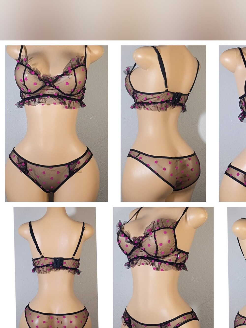Sheer Black Lingerie Set with Pink Heart Detail